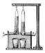 Erste quantitative Wasserelektrolyse. Die Zeichnung wurde von Ritter selbst angefertigt. Die Meßbecher fangen das entweichende Gas auf. Ritter bestimmte erstmalig das Verhältnis von Wasserstoffgas (Hydrogen) und Sauerstoffgas richtig mit 2:1.